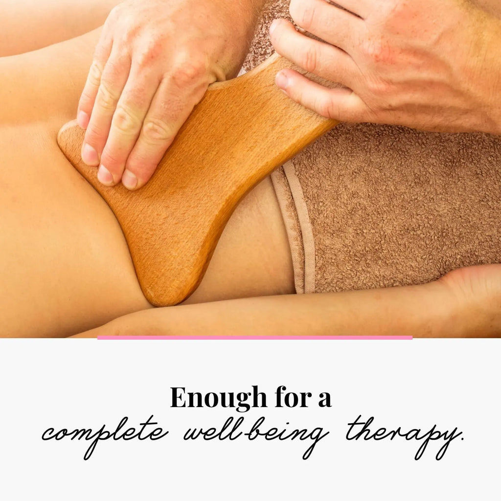 Beech wood massage roller set with T-shaped, straight, curved, and multi-wheel tools for lymphatic drainage
