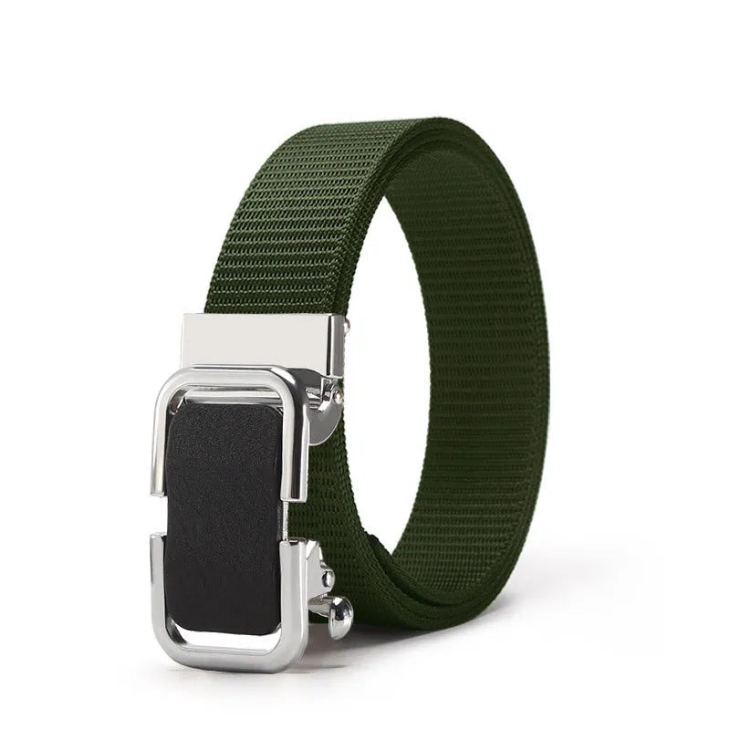 Men's nylon canvas belt with a silver toothless alloy buckle on a grey strap.