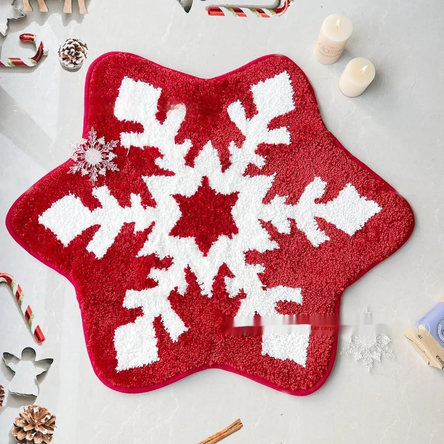 Round Christmas design polyester fibre carpet rug in choice of 60cm or 80cm square size
