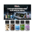 Five small bottles of car air freshener refill oil for vent clips in different scents.