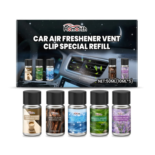 Five small bottles of car air freshener refill oil for vent clips in different scents.