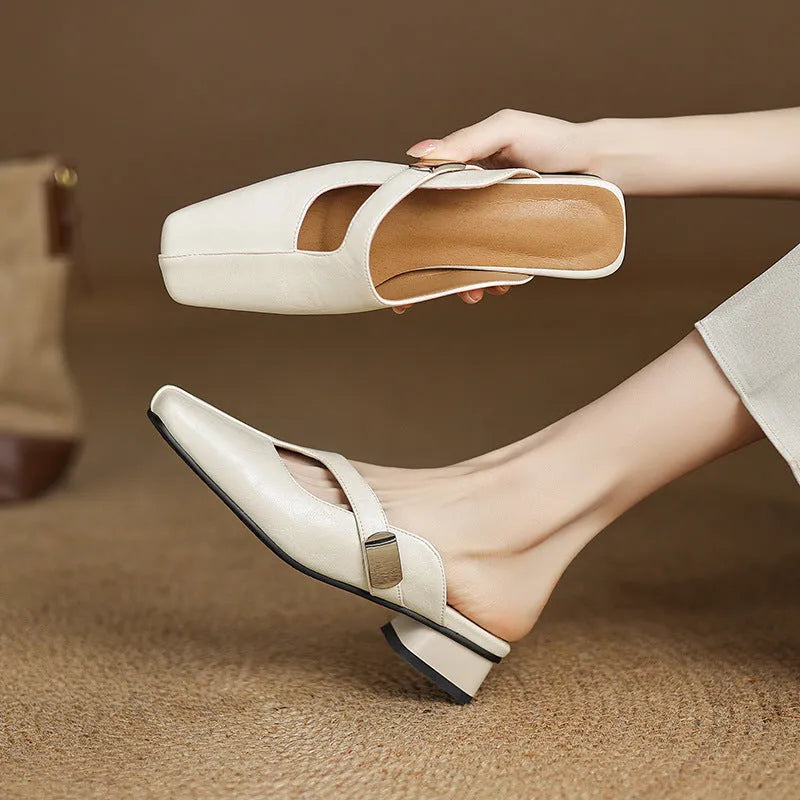 Low-heel square-toe outdoor leisure slippers in artificial PU, available in black, beige, and silver colours.