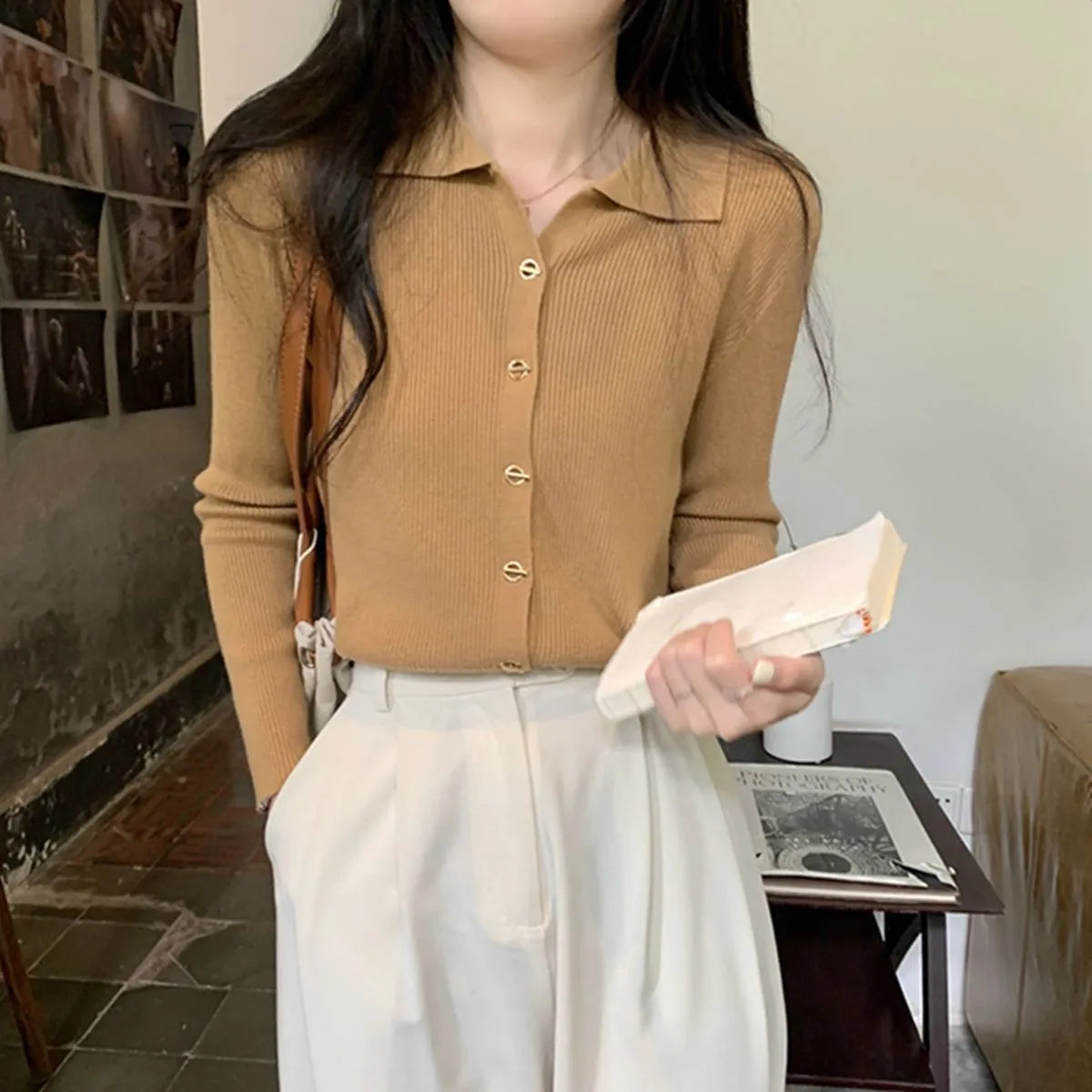Women's long sleeve loose fit knitted cardigan in viscose fibre, shown in beige colour.