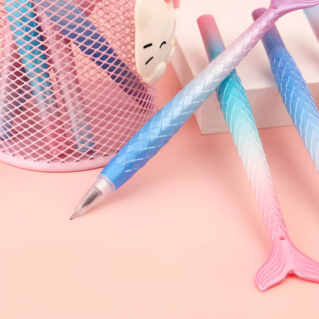 Cartoon mermaid gel pen with 0.38mm needle tube tip showing plastic shell design