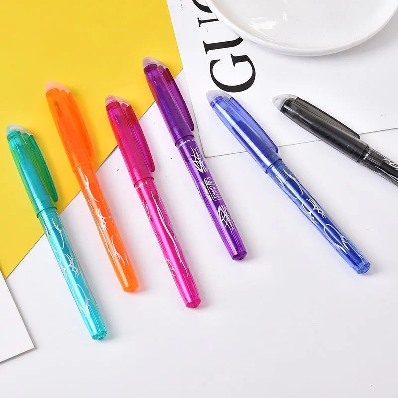 Heat-erasable gel pen set with plastic barrels and stainless steel nibs in multiple colours