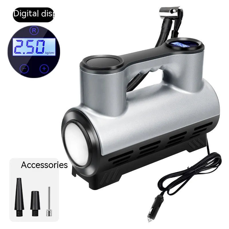 12V portable car tyre inflator with digital display, LED light, and nozzles on a black ABS housing.