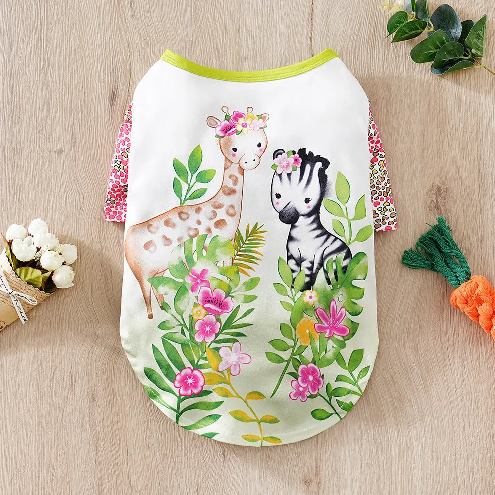 Small dog wearing full print polyester T-shirt clothing in casual style with measured bust and back length