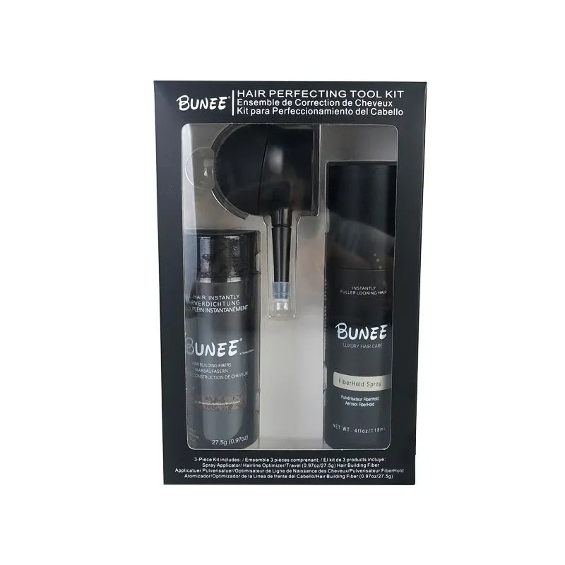 Hair fibre powder kit with 275g canister, styling spray bottle, and applicator nozzle for thinning hair.