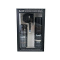 Hair fibre powder kit with 275g canister, styling spray bottle, and applicator nozzle for thinning hair.