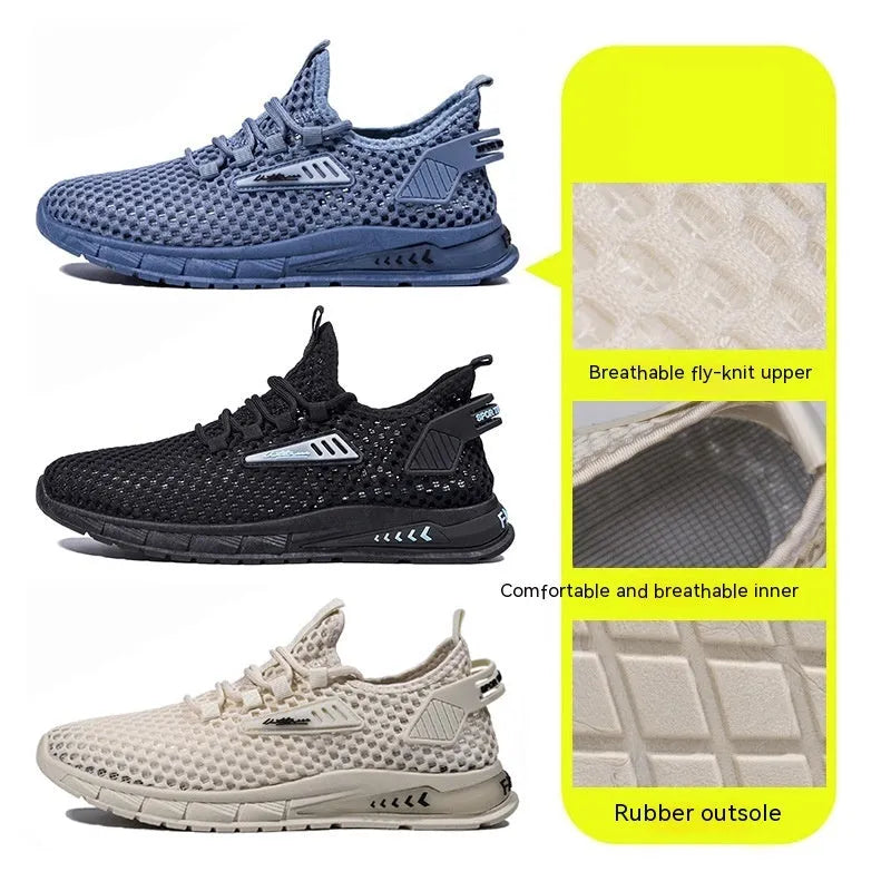 Men's beige casual sneakers with mesh lining, synthetic leather upper, and lace-up front closure