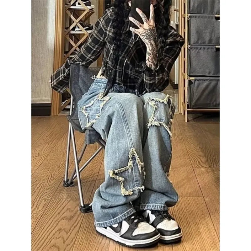 Blue high waist wide-leg denim jeans with straight cut on mannequin