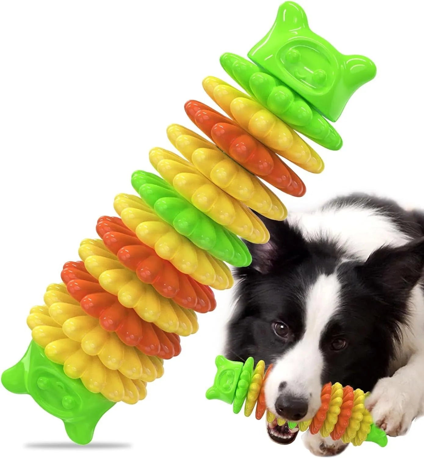 Blue, green, and pink caterpillar-shaped natural rubber dog chew toy on a white background.