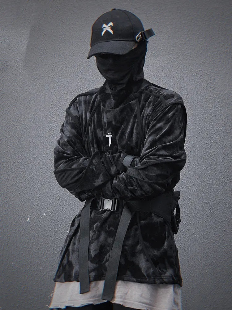Men's black tie-dye printed pullover sweater with drop shoulders and finger turtleneck