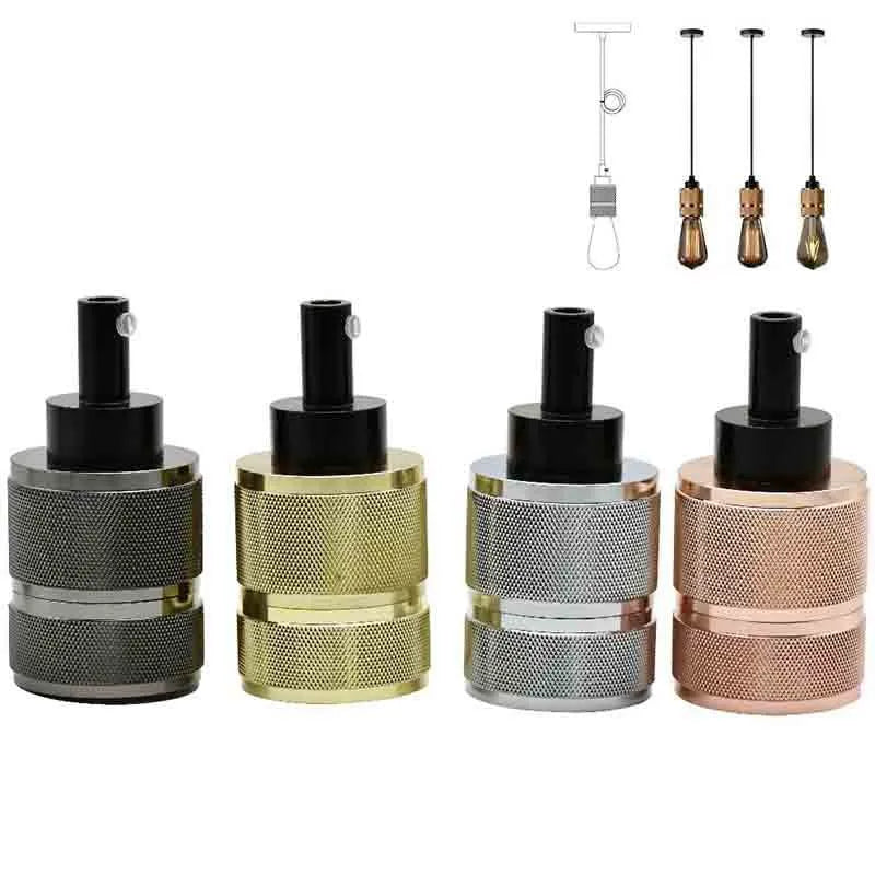 Retro DIY ceiling light chandelier kit with cast aluminum holder and woven power cord in shiny black and gold finishes