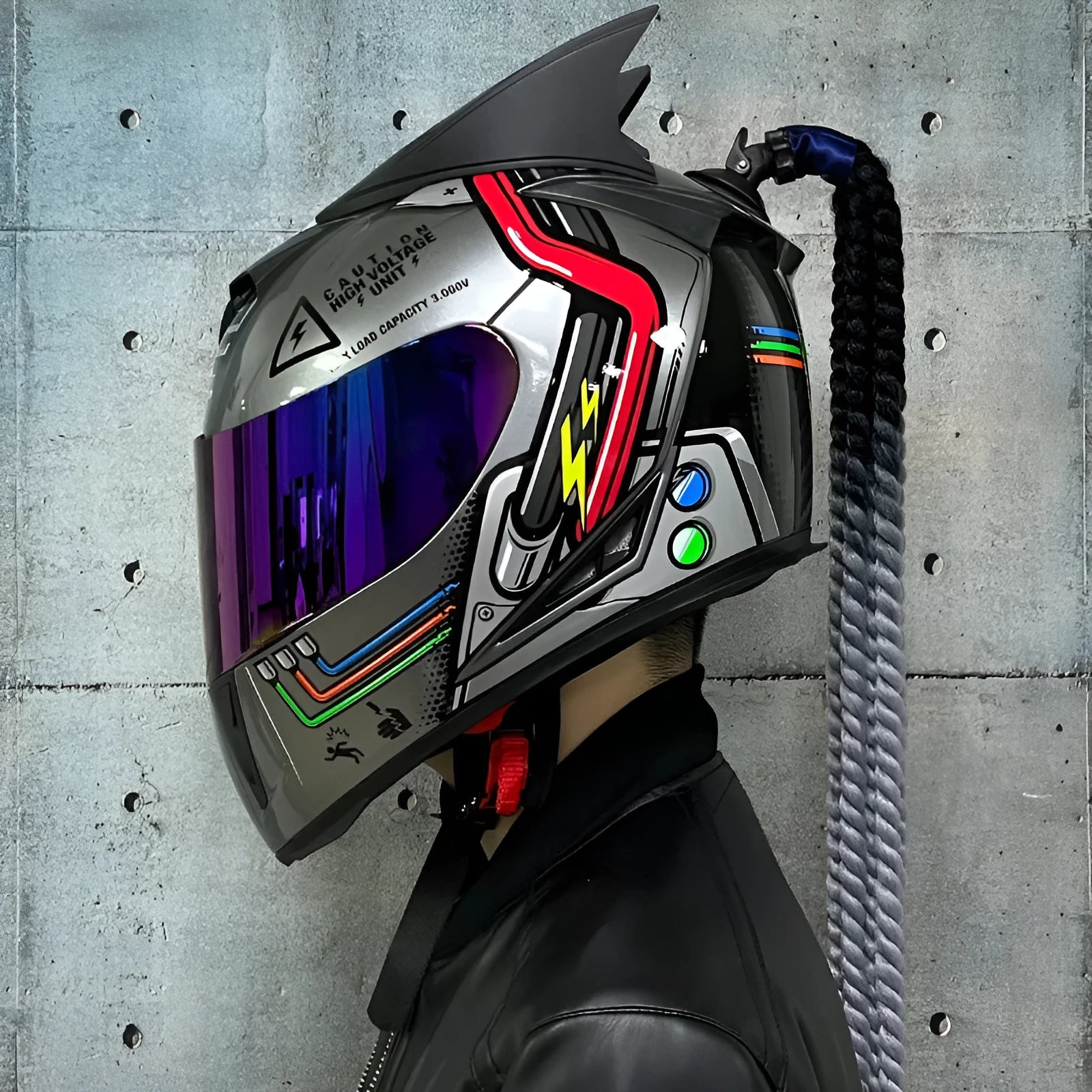Couples' Dirty Braids graphic full face motorcycle helmet in ABS plastic on a white background.