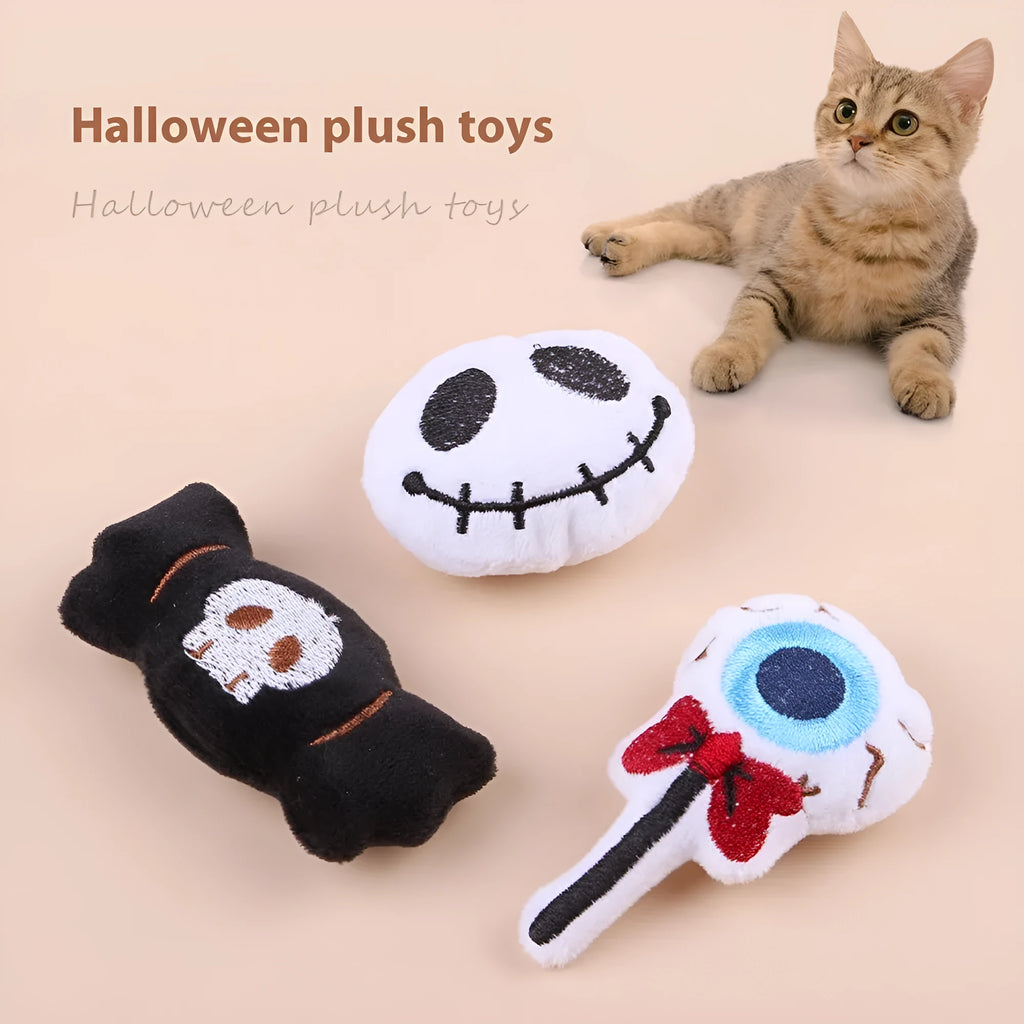 Colourful plush cat teaser wand with candy, eyes and skull animal shapes for interactive play