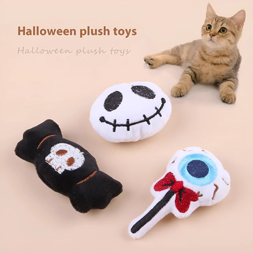 Colourful plush cat teaser wand with candy, eyes and skull animal shapes for interactive play