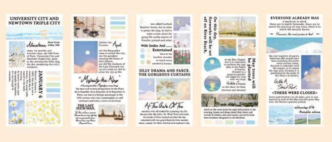 Pack of twenty rectangular paper stickers showing colourful landscape paintings, each measuring 60 by 120 millimetres.