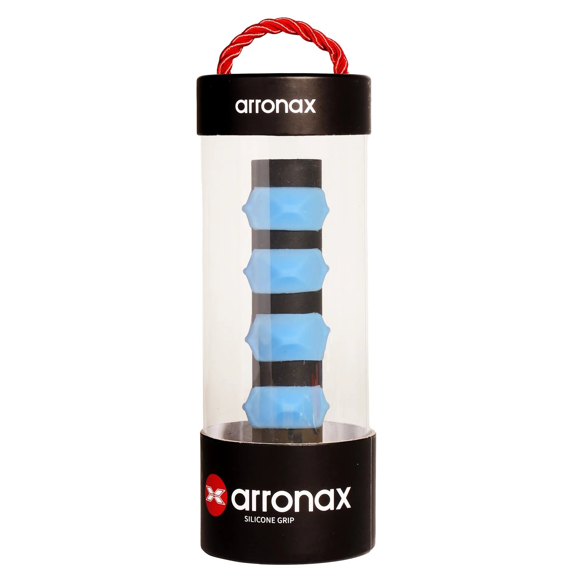Silicone racquet grip buckle in multiple colours on a black background.