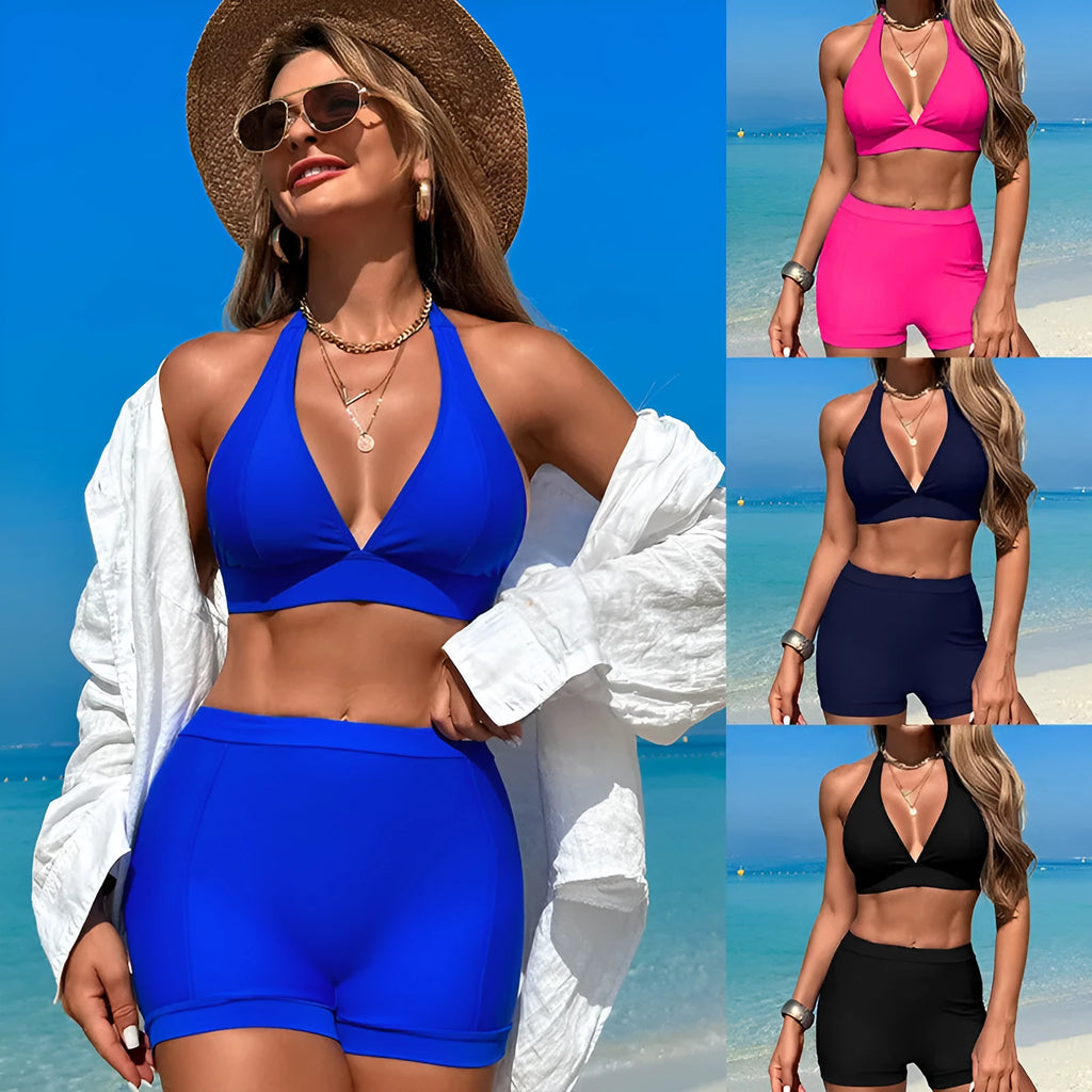 Women's split bikini swimsuit in nylon with polyester lining available in black pink purple blue for hot spring swimming