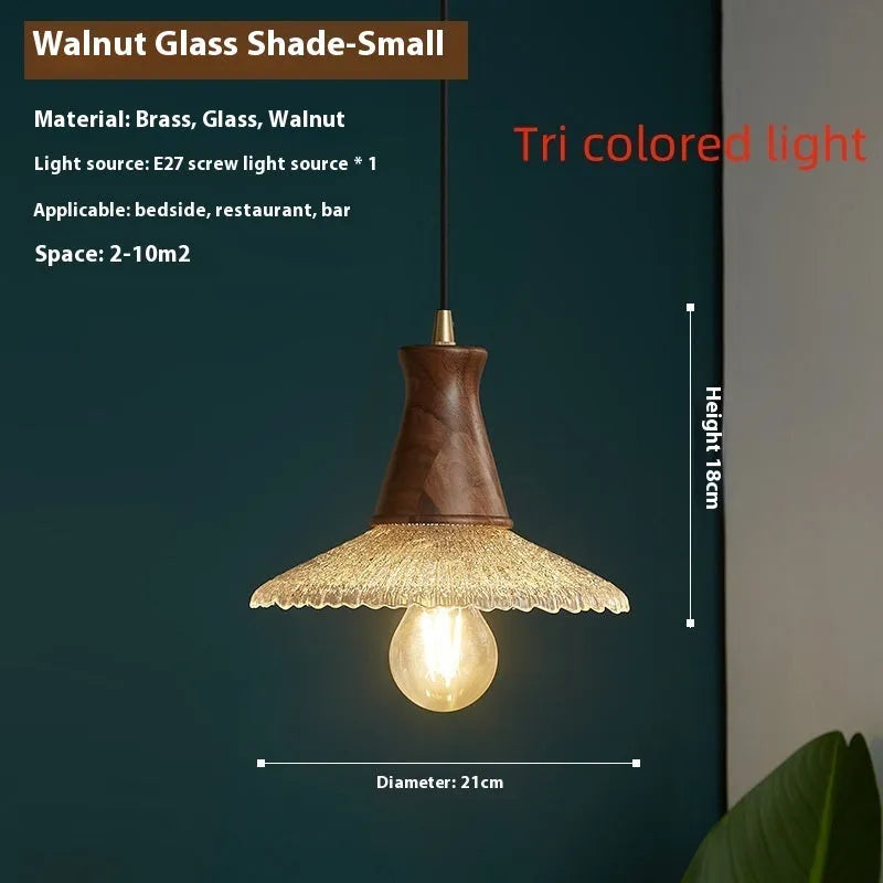 Retro wood and glass chandelier with brass finish in three size options