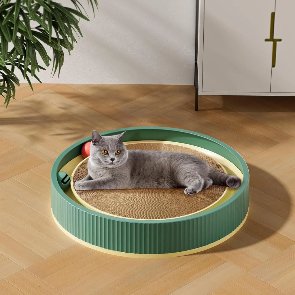 Large circular cat scratching board with bell toys and replaceable cardboard core