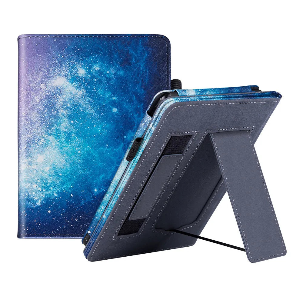 Kindle Paperwhite 5 leather case showing hand strap bracket and magnetic closure in a choice of colours and designs.