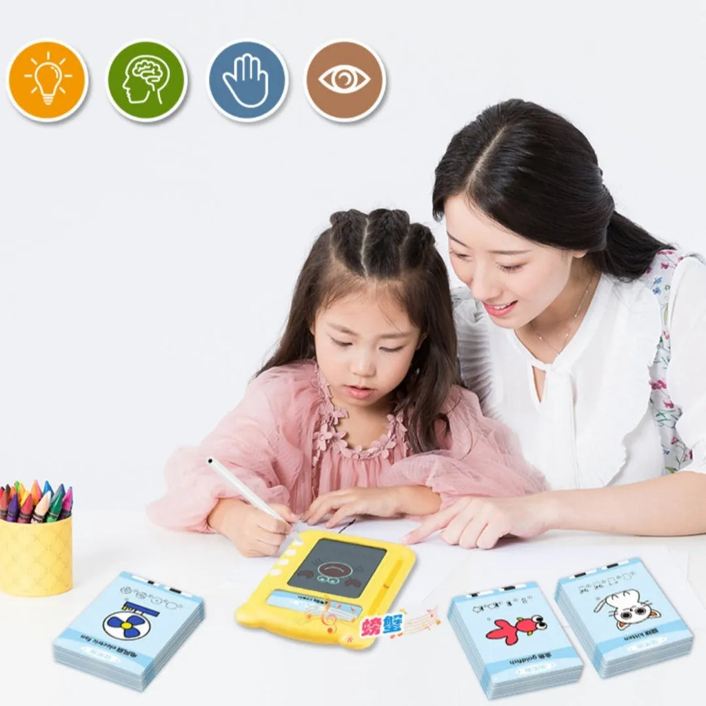 Yellow bilingual early learning machine with stick figure design and learning cards