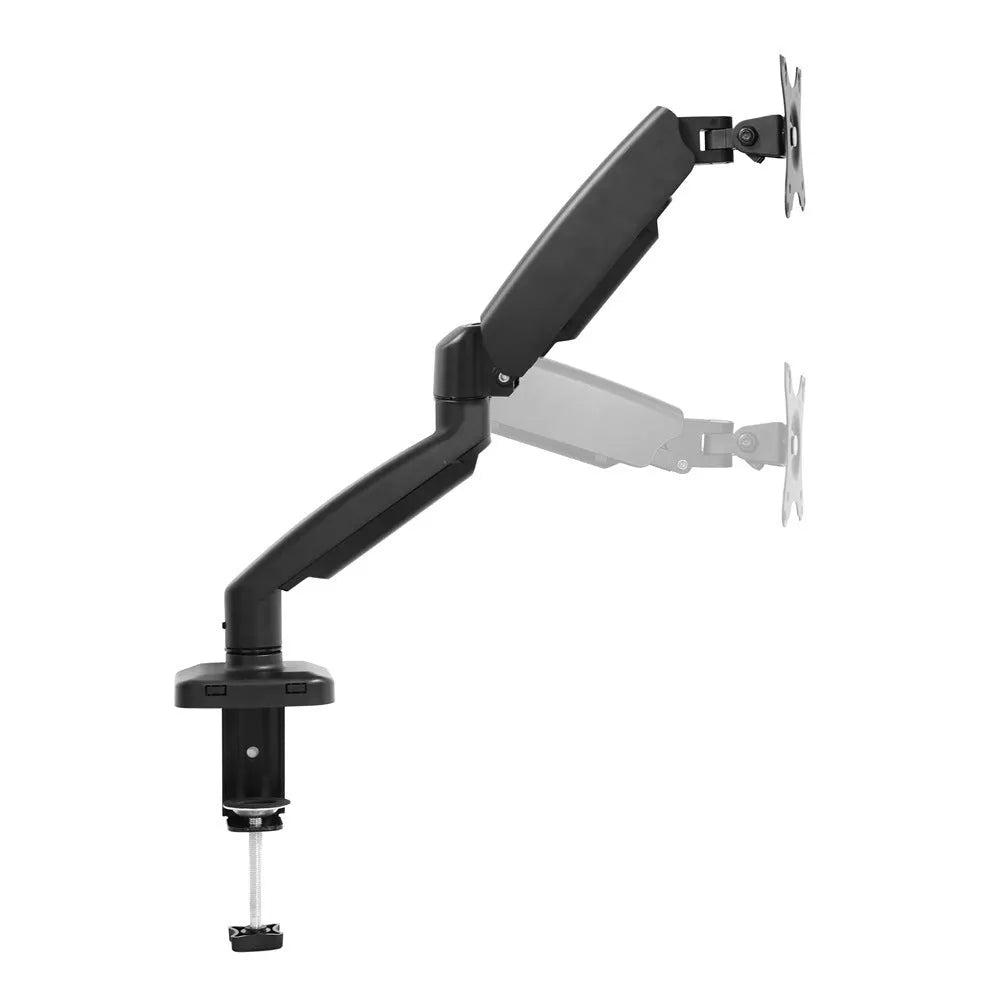 Black and white rotating telescopic LCD monitor stand with metal aluminium construction on a desk