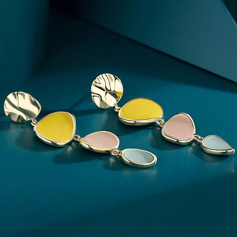 Sterling silver needle Morandi colour wafer earrings with dripping oil treatment