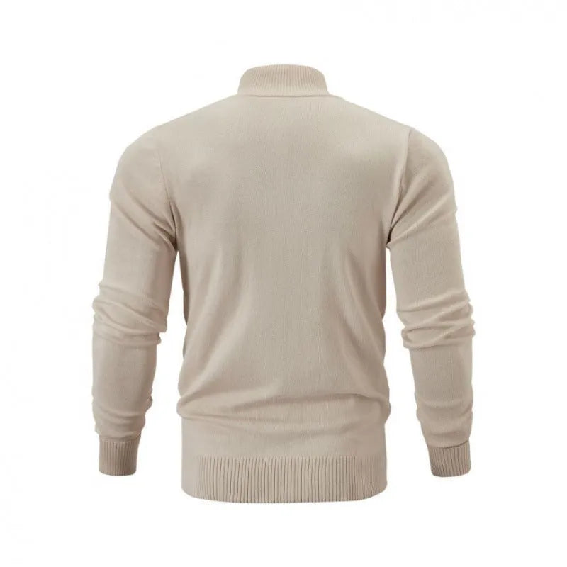 Cotton stand collar zipper sweater in a solid colour on a hanger.