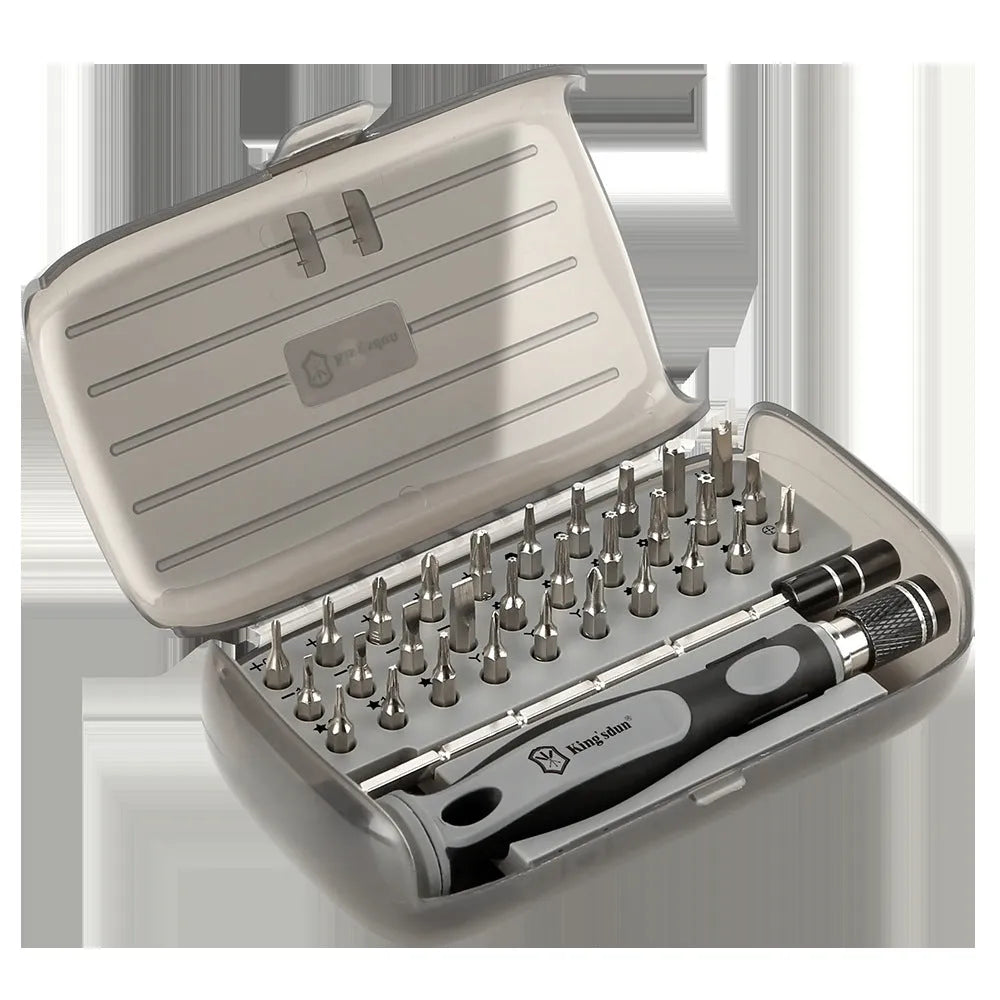32-in-1 screwdriver set with 30 bits in grey PP plastic case showing handle and bit selection