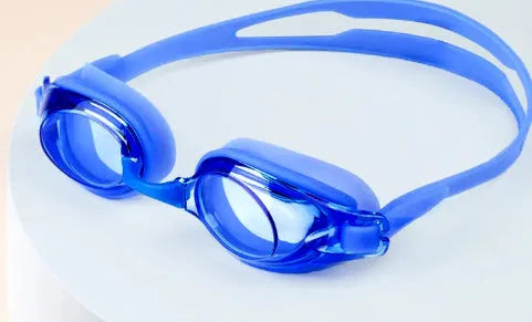 Black frame prescription swimming goggles for myopia with anti-fog lenses and a storage case.