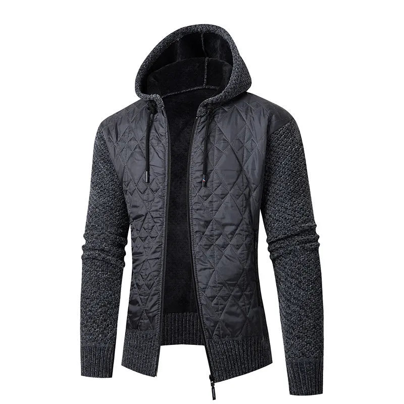 Men's grey hooded corduroy sweater coat with cinched waist and wool composition