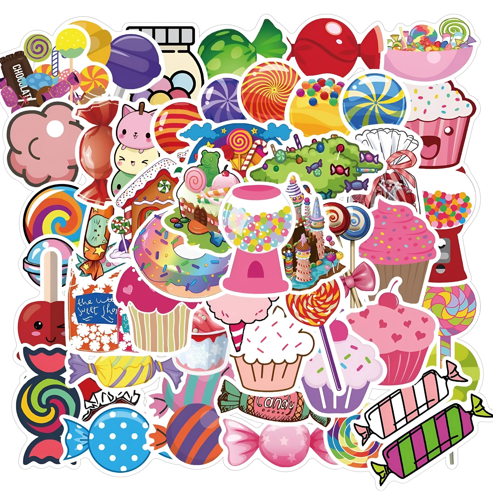 50 colourful candy graffiti adhesive stickers with cartoon designs measuring 4-6cm
