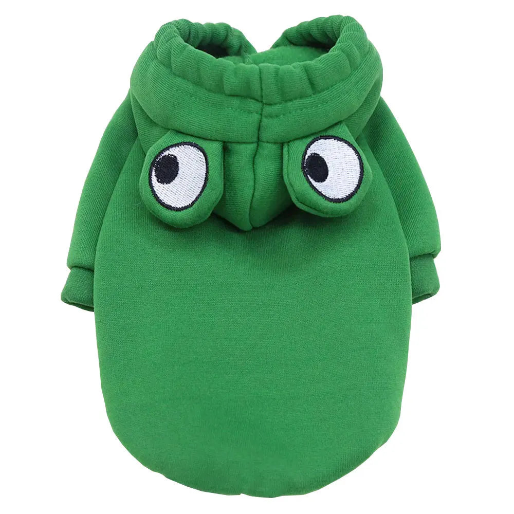 Green frog costume hoodie on small dog showing frog pattern design and hoodie style