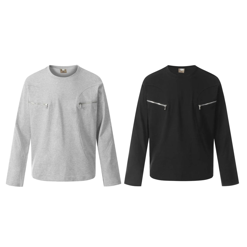 Man wearing a loose fit grey long sleeve cotton t-shirt for casual wear.