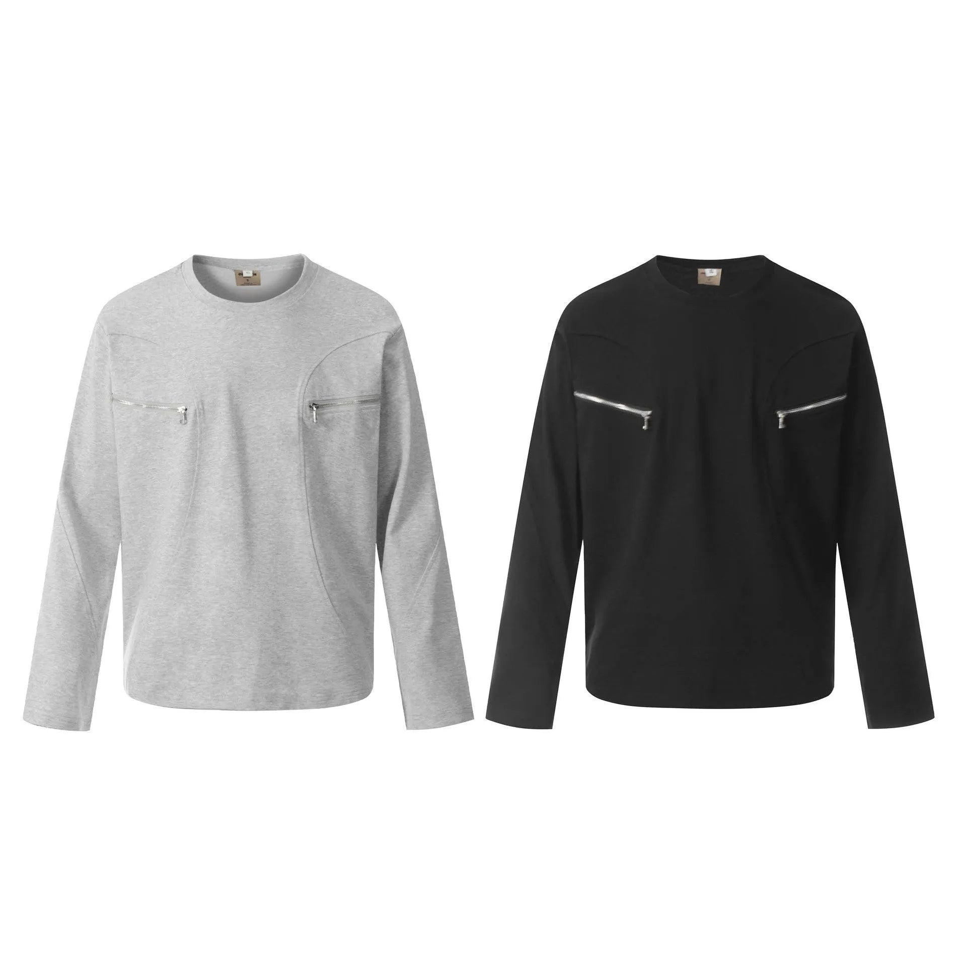 Man wearing a loose fit grey long sleeve cotton t-shirt for casual wear.
