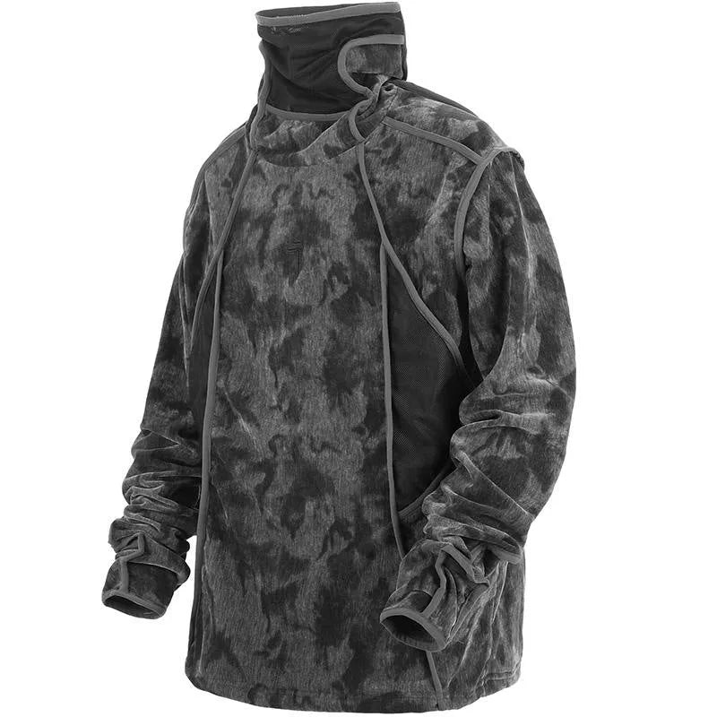 Men's black tie-dye printed pullover sweater with drop shoulders and finger turtleneck