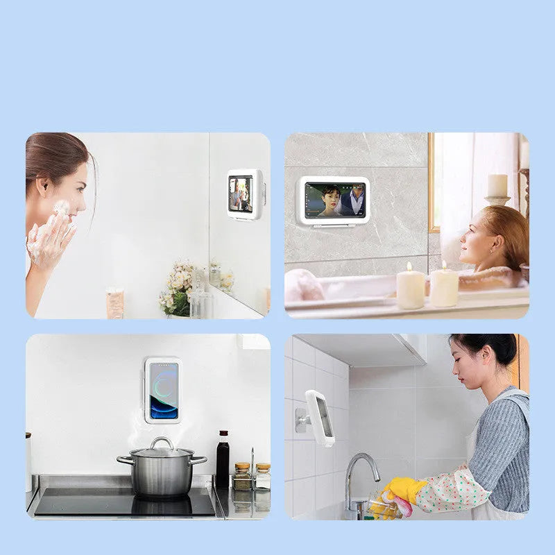 White waterproof phone holder mounted on bathroom tile showing smartphone inside with visible touchscreen