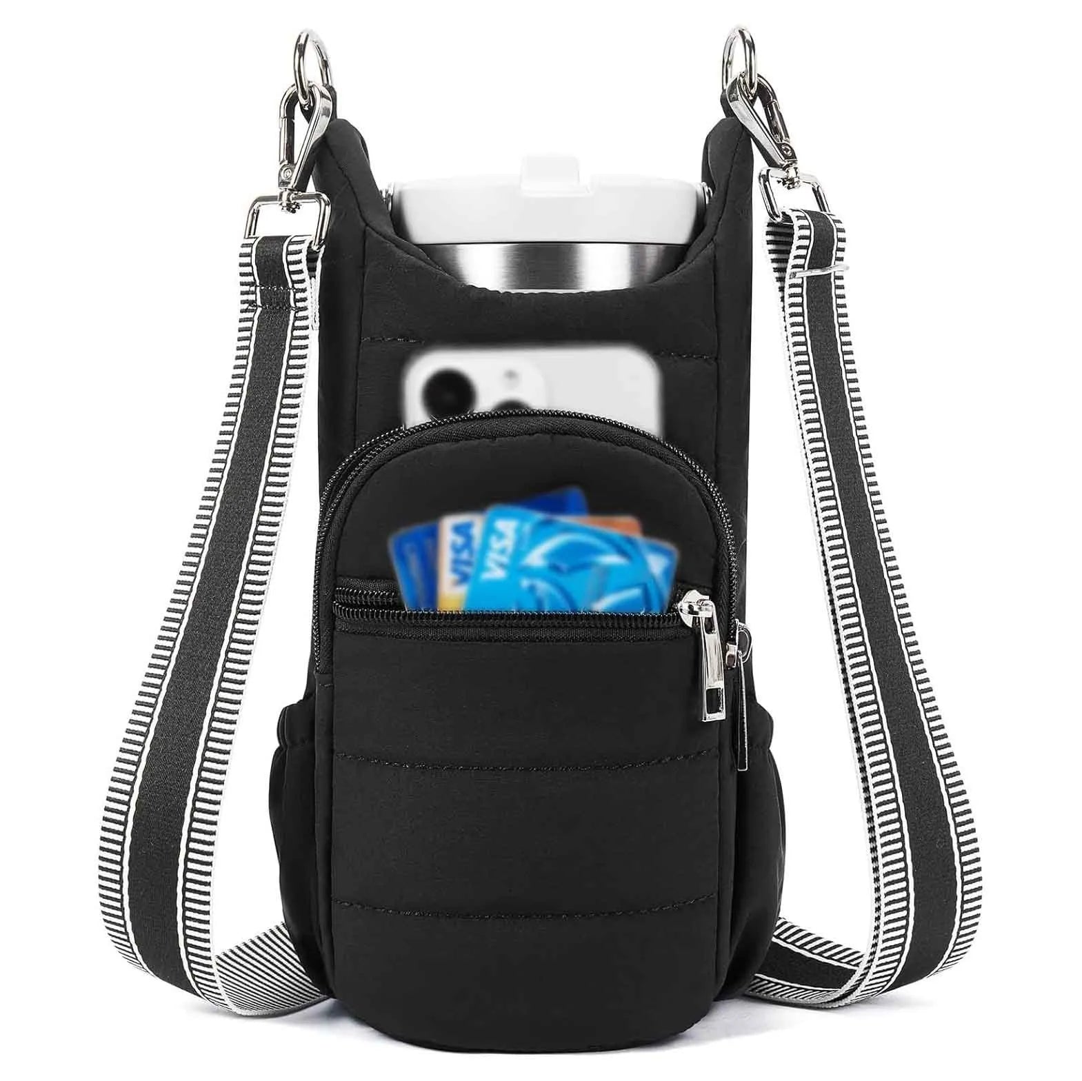 Cloth water bottle bag for bicycles in beige, black, or pink colours.
