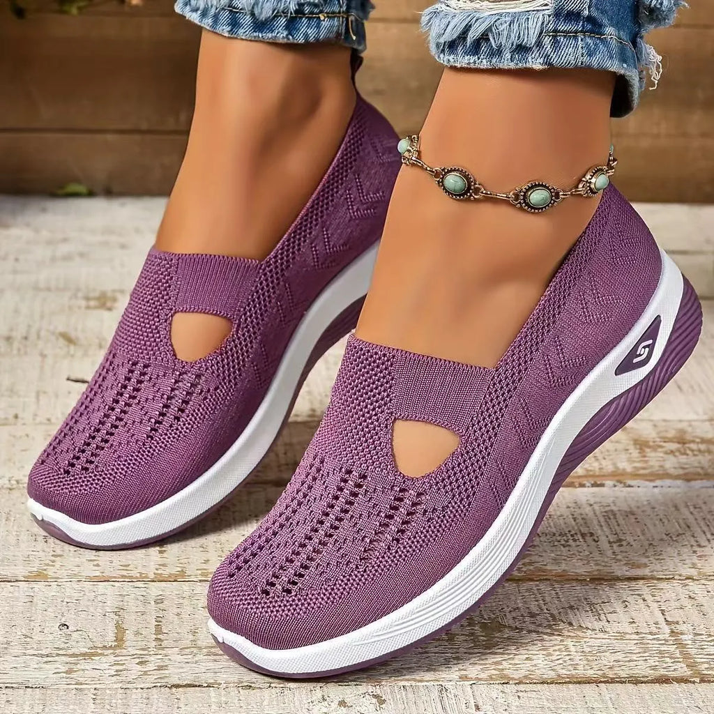 Women's casual mesh shoes with T-strap design and soft PVC soles in light purple colour