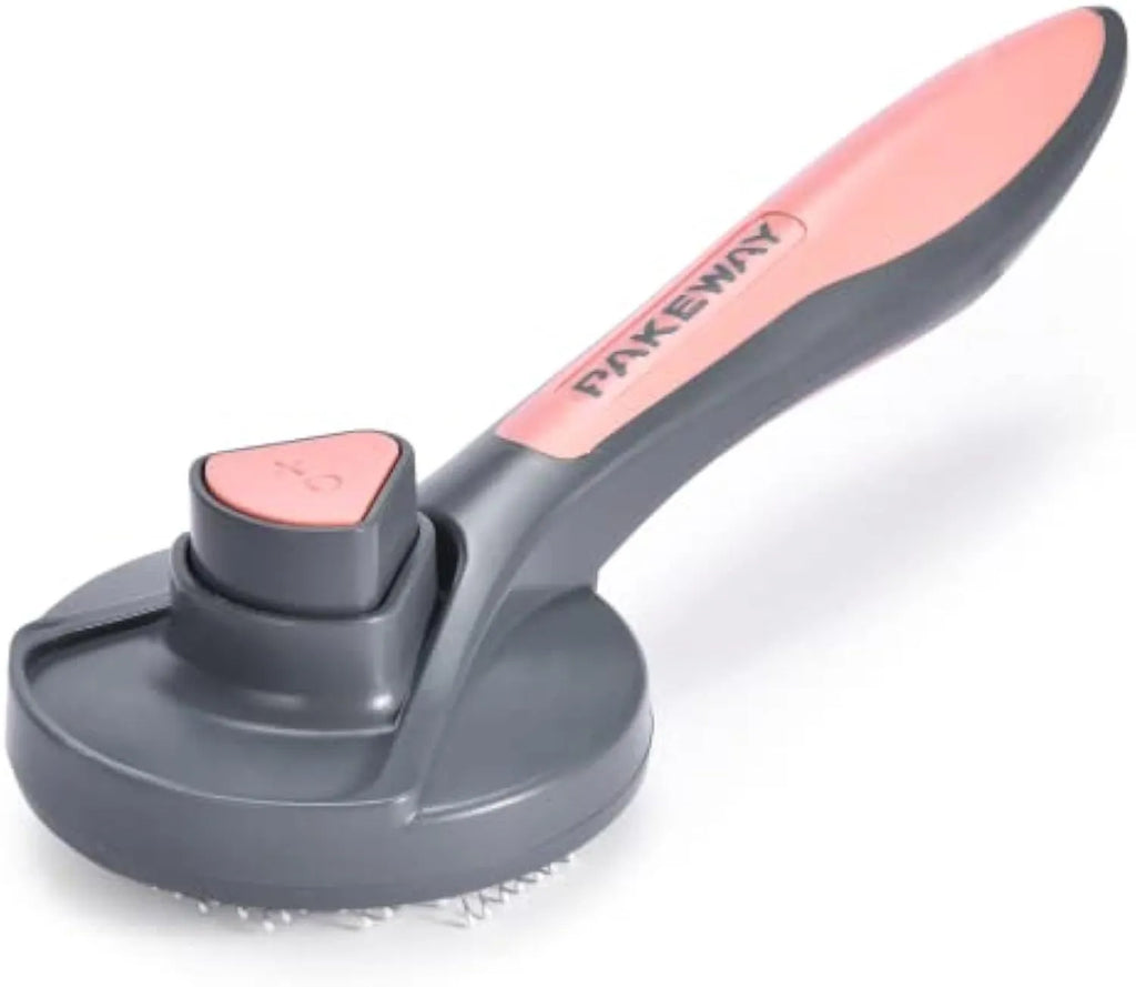 Grey green pink self-cleaning pet grooming brush with one-click button and comfort-grip handle