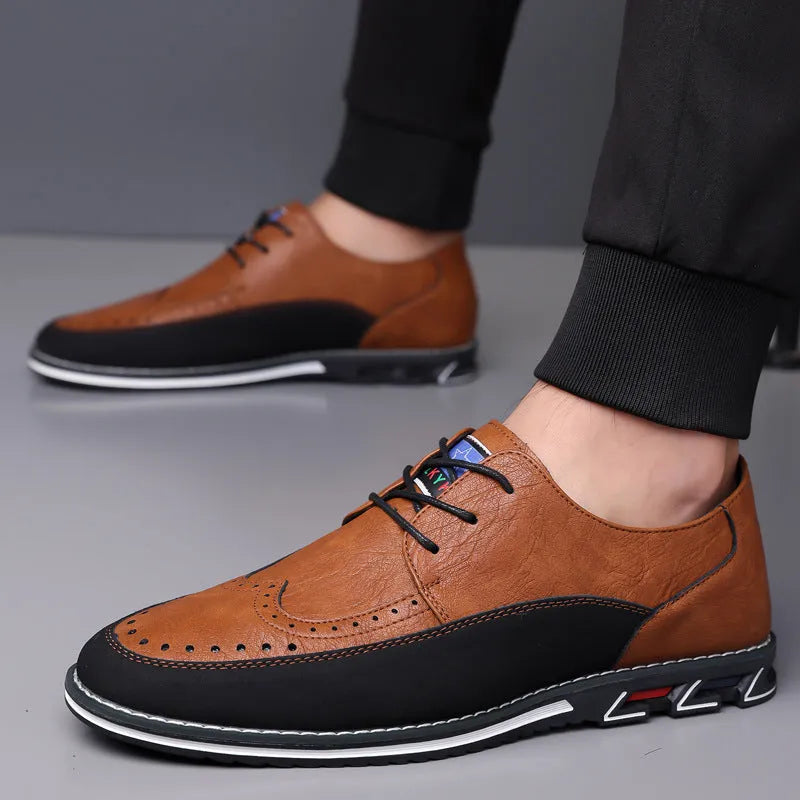 Men's leather casual shoes with rubber sole and low-top design