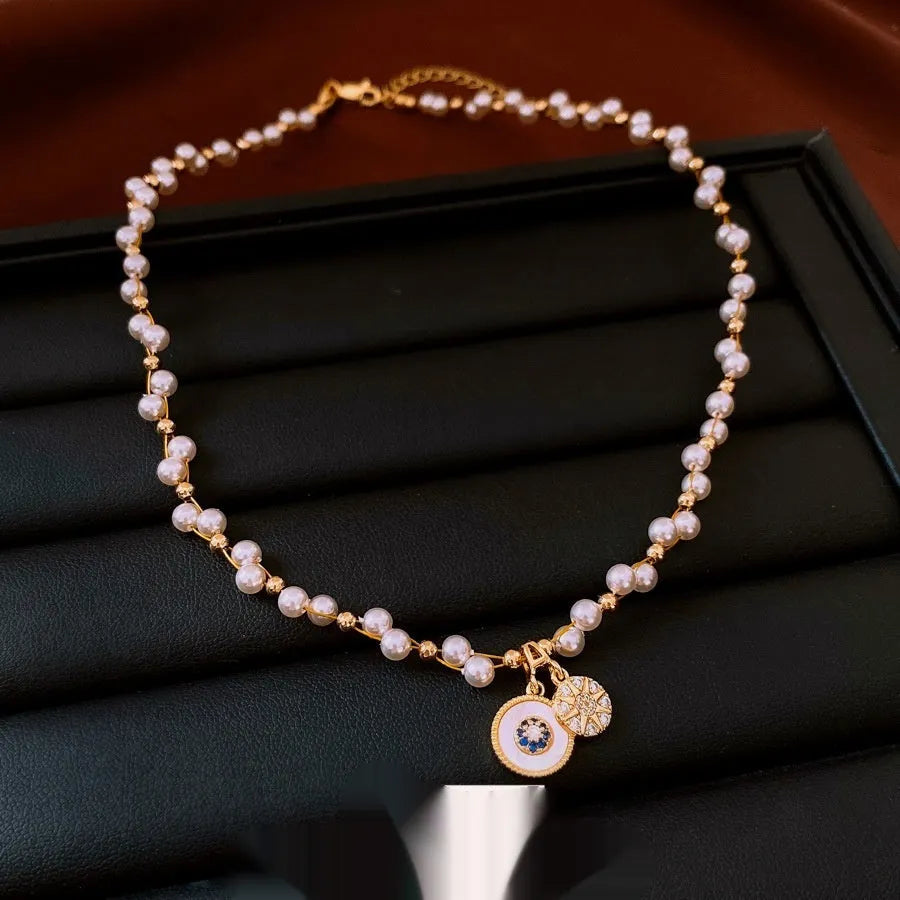 Real gold electroplated zircon pearl pendant necklace with round geometry design on adjustable clavicle chain