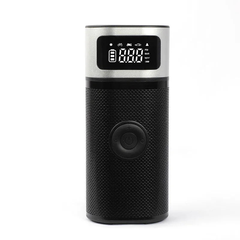 Black portable wireless smart air pump with LED light, 15cm tube, and multiple nozzle attachments