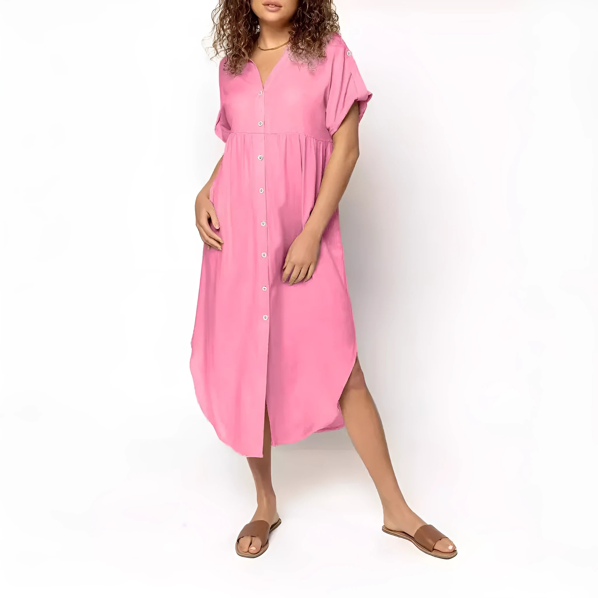 Button-front mid-length casual dress in loose fit available in multiple solid colours