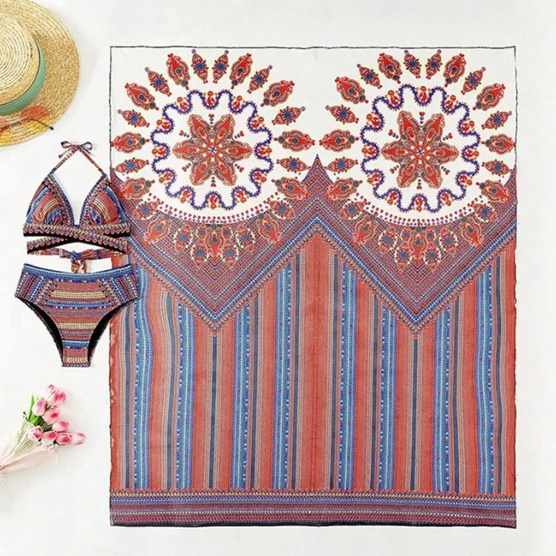 Women's three-piece polyester swimsuit set with a cutout blouse and high-waist briefs in the pictured colour.