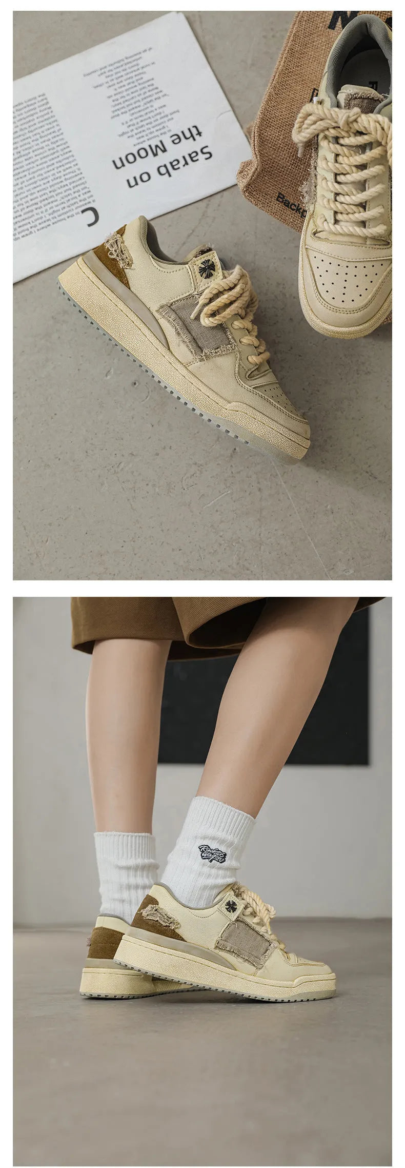 Beige vintage style low-top skateboard shoes with round toe and lace-up front