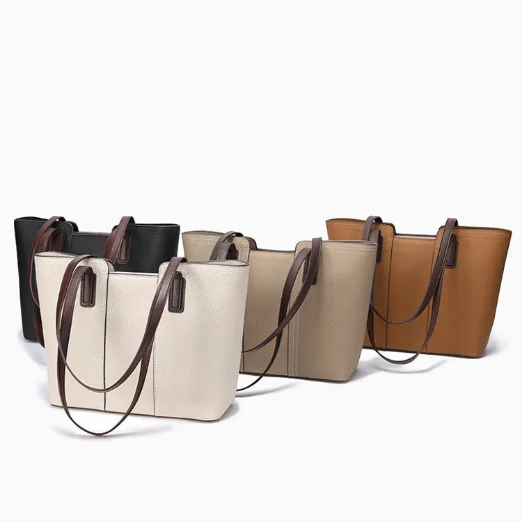 Genuine leather women's commuter shoulder bag in box-type shape with sewing line detailing and mobile phone compartment
